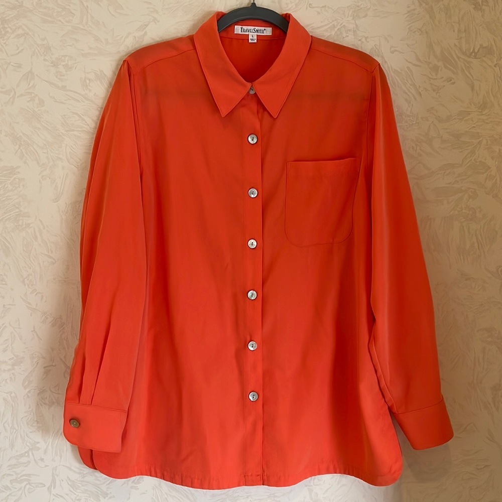 TravelSmith Orange Coral Silky Button Down Top Size L